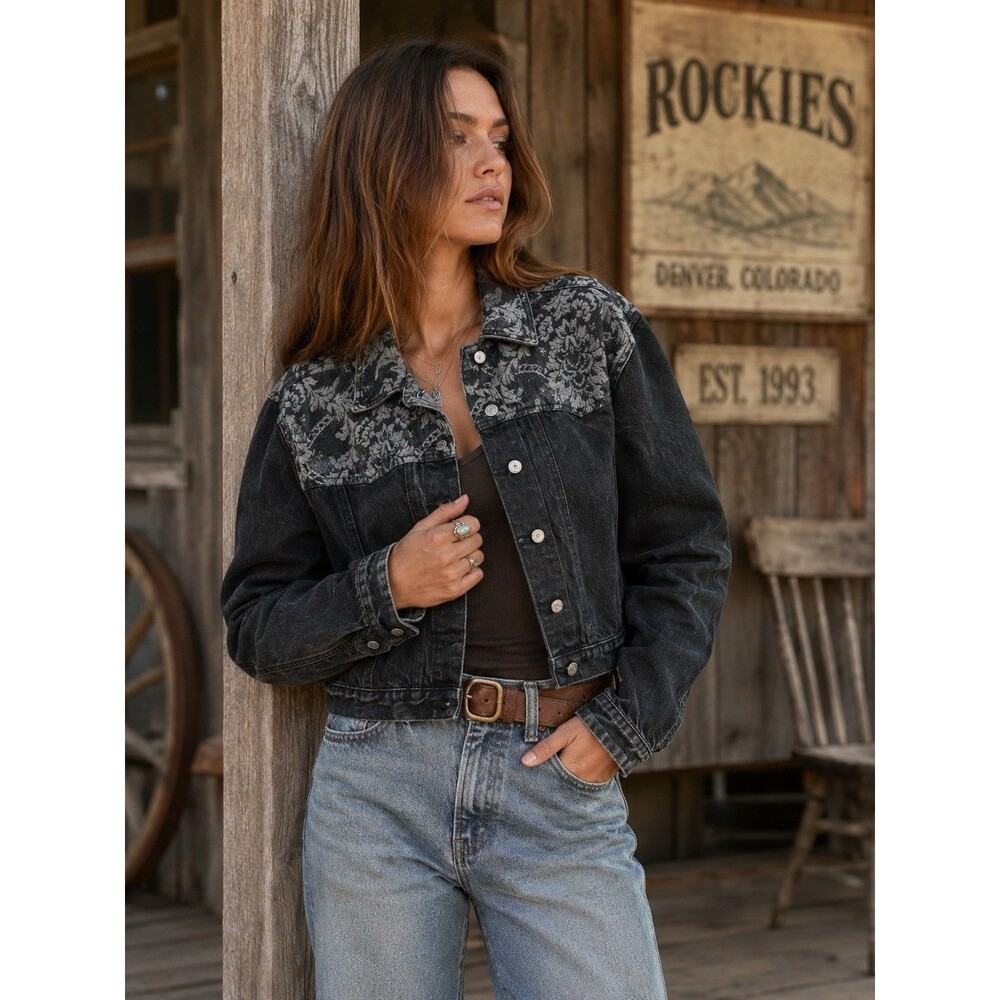VTG Women’s Rockies Cropped Denim Jacket Floral Jacquard Western Black XL